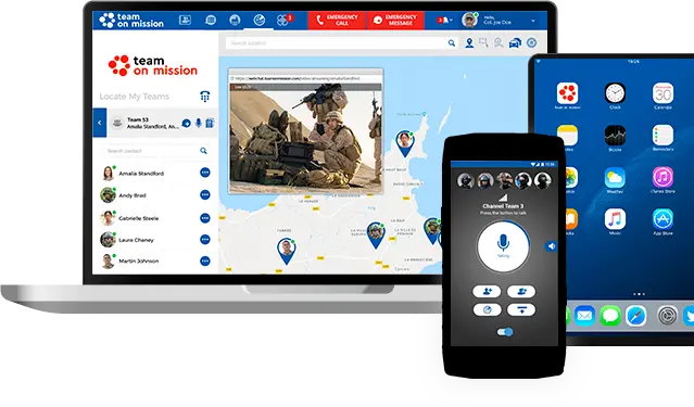 Application mobile team on mission sur un smartphone, une tablette et un ordinateur de bureau