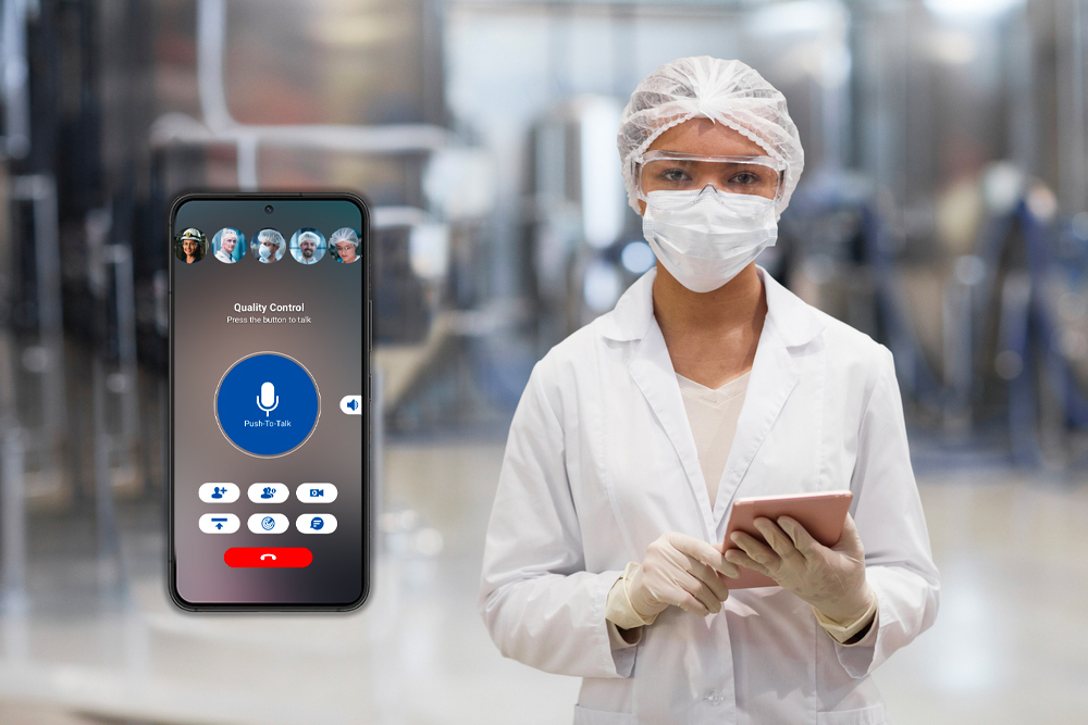 Healthcare professional using a secure communication application on a smartphone in a pharmaceutical environment.